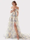 Ball Gown Off-the-shoulder Tulle Floral Prom Dresses With Ruched #UKM020126989