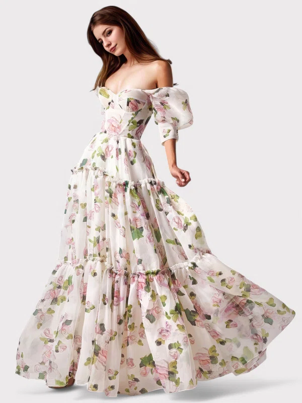 Ball Gown Off-the-shoulder Tulle Floral Prom Dresses With Puff Sleeve #UKM020126992