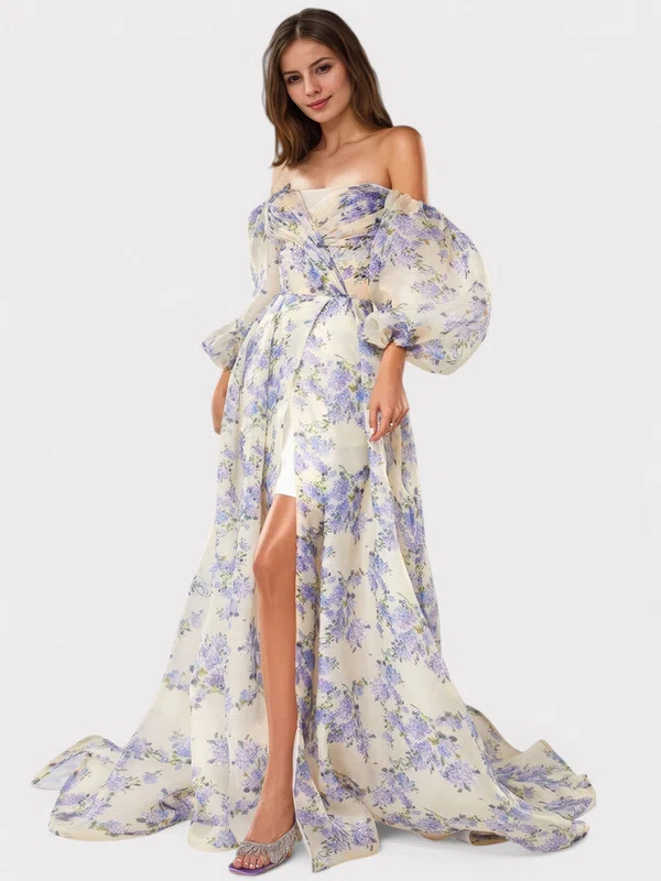 Ball Gown Off-the-shoulder Tulle Floral Prom Dresses With Puff Sleeve #UKM020126999