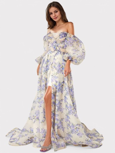 Ball Gown Off-the-shoulder Tulle Floral Prom Dresses With Puff Sleeve #UKM020126999