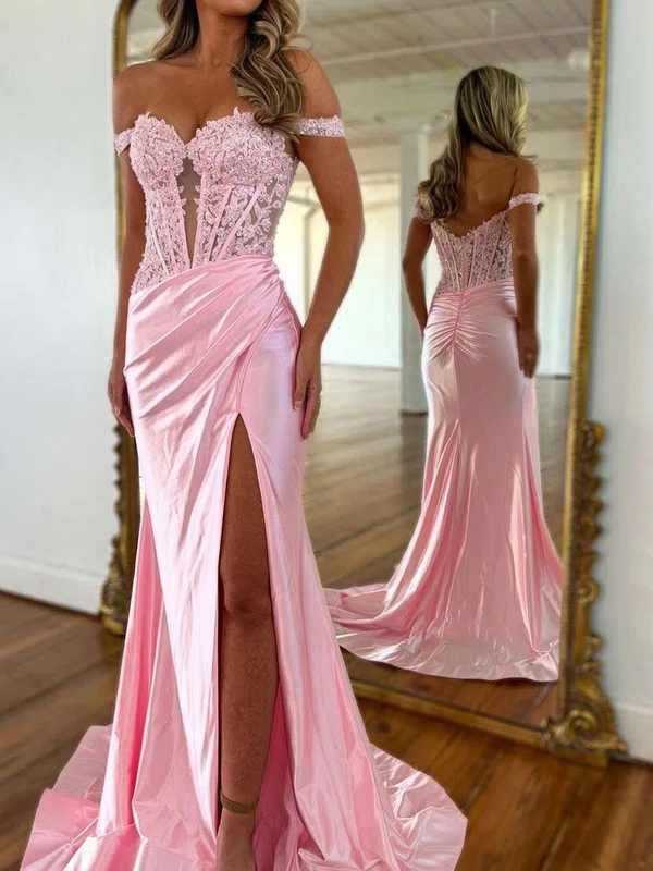 Sheath/Column Off-the-shoulder Satin Corset Prom Dresses #UKM020127012
