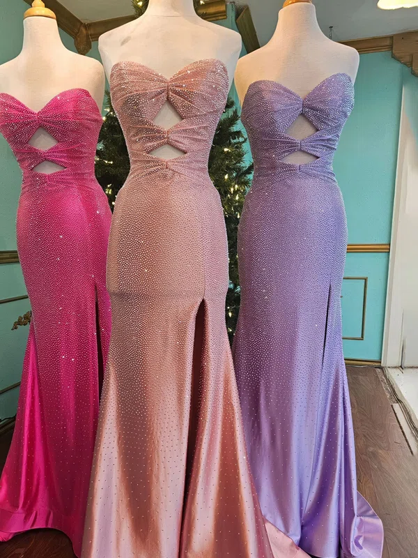Mermaid Strapless Satin Cut Out Beaded Prom Dresses #UKM020127014
