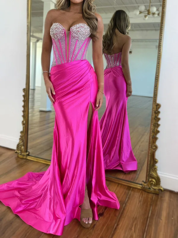 Mermaid Strapless Satin Corset Prom Dresses With Beading #UKM020127018