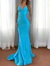 Blue Mermaid V-neck Corset Satin Prom Dresses with Ruched #UKM020127053