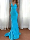 Blue Mermaid V-neck Corset Satin Prom Dresses with Ruched #UKM020127053