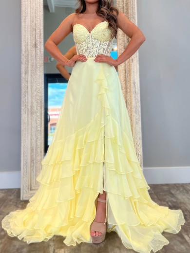 A-line Strapless Chiffon Ruffle Tiered Prom Dresses With Appliques #UKM020127065