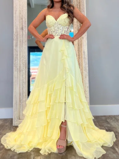 A-line Strapless Chiffon Ruffle Tiered Prom Dresses With Appliques #UKM020127065
