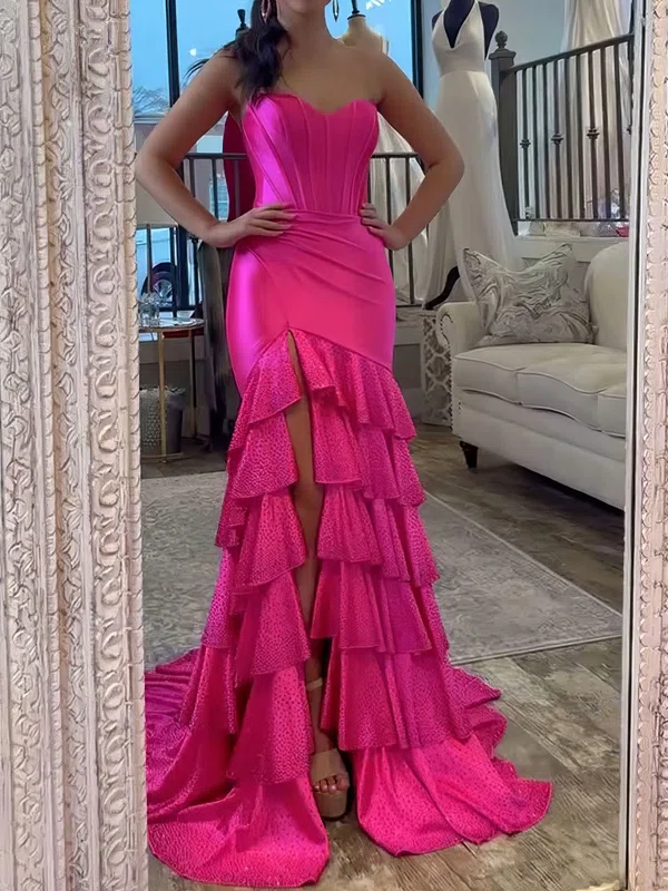 Mermaid Strapless Satin Tiered Prom Dresses With Beading #UKM020127066