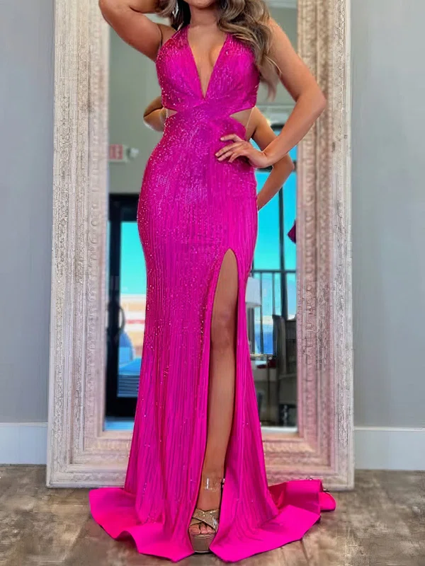 Mermaid V-neck Jersey Cut Out Beaded Prom Dresses #UKM020127068