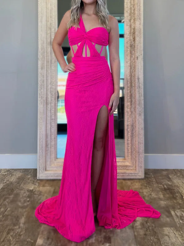Sheath/Column One Shoulder Lace Cut Out Prom Dresses With Ruched #UKM020127070
