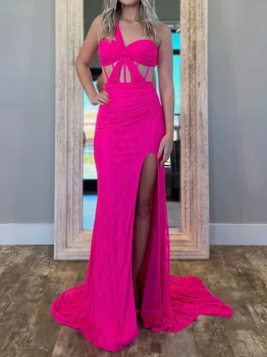 Sheath/Column One Shoulder Lace Cut Out Prom Dresses With Ruched #UKM020127070