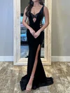 Sheath/Column V-neck Velvet Cut Out Prom Dresses With Beading #UKM020127075