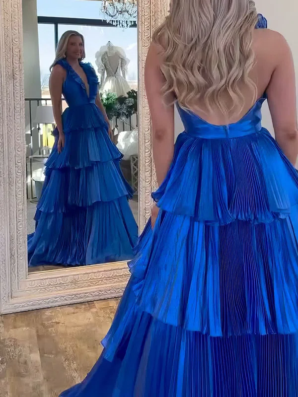 Princess Halter Satin Ruffle Tiered Prom Dresses With Ruched #UKM020127078