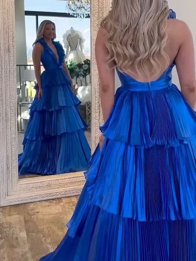 Princess Halter Satin Ruffle Tiered Prom Dresses With Ruched #UKM020127078