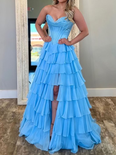 Ball Gown Strapless Chiffon Satin Ruffle Tiered Prom Dresses #UKM020127084