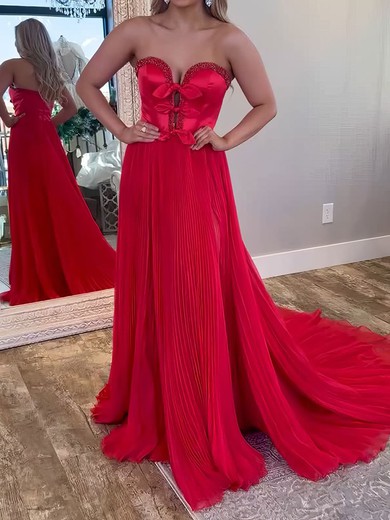 A-line Strapless Satin Chiffon Pleated Prom Dresses With Bow #UKM020127088