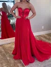 A-line Strapless Satin Chiffon Pleated Prom Dresses With Bow #UKM020127088