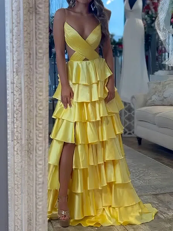 Ball Gown V-neck Satin Tiered Prom Dresses With Ruched #UKM020127089