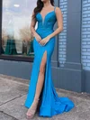 Sheath/Column V-neck Satin Beaded Prom Dresses #UKM020127090