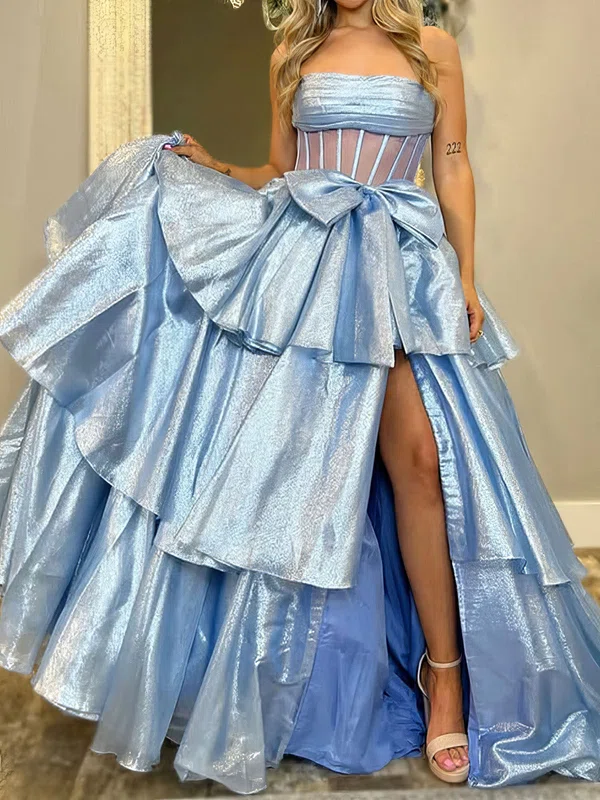 Ball Gown Strapless Tulle Ruffle Tiered Prom Dresses With Bow #UKM020127096