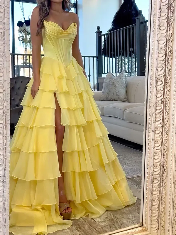 Ball Gown Strapless Chiffon Satin Ruffle Tiered Prom Dresses #UKM020127099