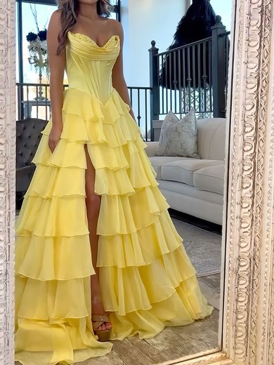 Ball Gown Strapless Chiffon Satin Ruffle Tiered Prom Dresses #UKM020127099