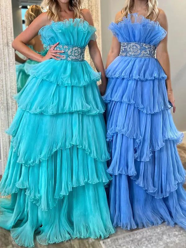 Ball Gown Strapless Tulle Ruffle Tiered Prom Dresses #UKM020127106