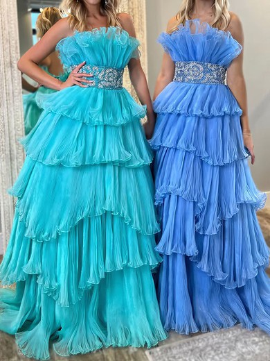Ball Gown Strapless Tulle Ruffle Tiered Prom Dresses #UKM020127106