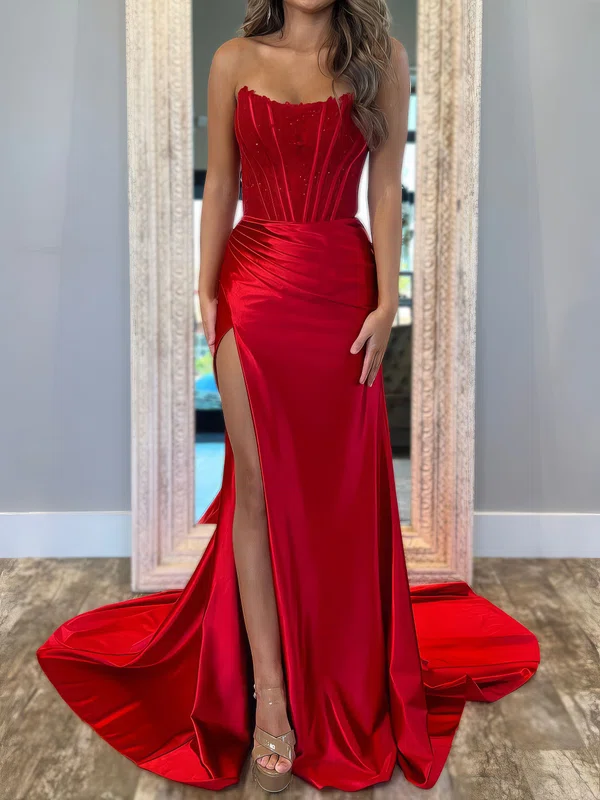 Mermaid Strapless Satin Corset Prom Dresses With Appliques #UKM020127107