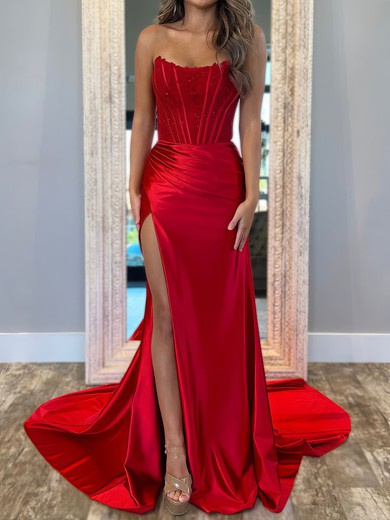 Mermaid Strapless Satin Corset Prom Dresses With Appliques #UKM020127107