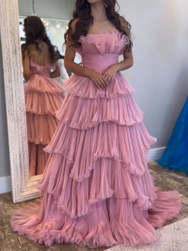 Ball Gown Strapless Tulle Ruffle Tiered Prom Dresses #UKM020127112