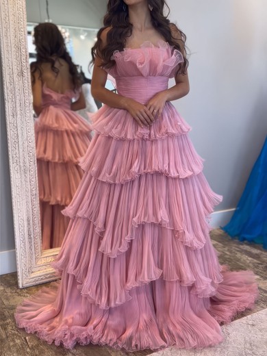 Ball Gown Strapless Tulle Ruffle Tiered Prom Dresses #UKM020127112