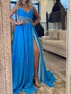 A-line V-neck Chiffon Pleated Prom Dresses With Appliques #UKM020127113