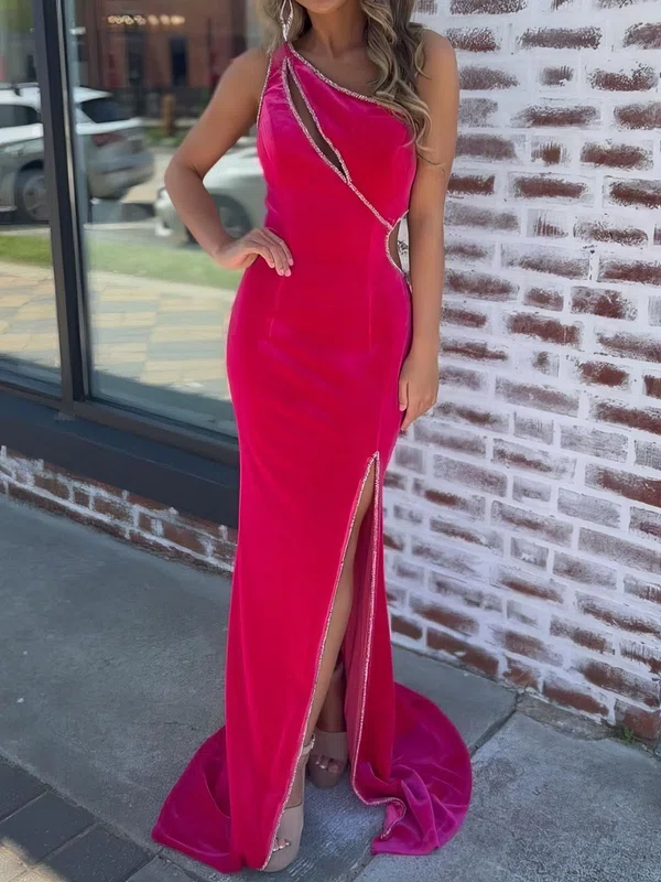 Sheath/Column One Shoulder Velvet Cut Out Prom Dresses With Beading #UKM020127117