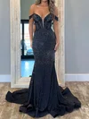 Black Mermaid Off-the-shoulder Jersey Beaded Prom Dresses #UKM020127119