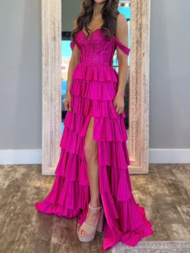 Ball Gown Off-the-shoulder Satin Tiered Prom Dresses With Beading #UKM020127120