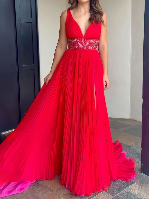 A-line V-neck Satin Pleated Prom Dresses With Appliques #UKM020127121