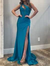 Sheath/Column One Shoulder Satin Cut Out Beaded Prom Dresses #UKM020127125
