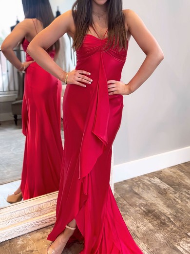 Red Sheath/Column Halter Satin Prom Dresses With Ruched #UKM020127127
