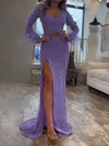 Sheath/Column V-neck Tulle Cut Out Prom Dresses With Appliques #UKM020127129