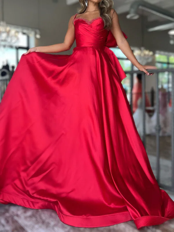 Red Ball Gown Sweetheart Satin Prom Dresses With Bow #UKM020127134