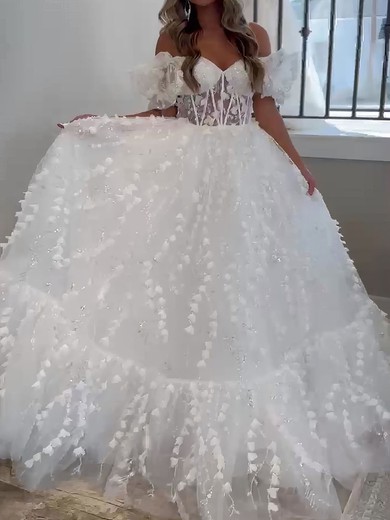 Ball Gown Off-the-shoulder Tulle 3D Floral Prom Dresses With Puff Sleeve #UKM020127137