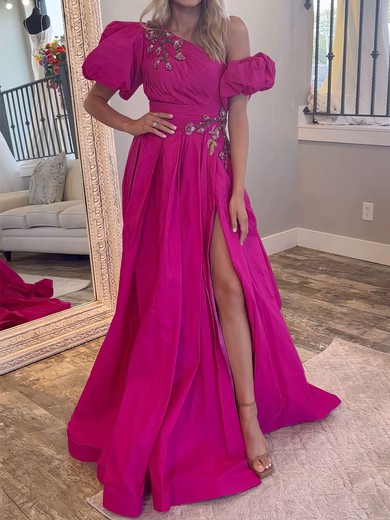 Ball Gown One Shoulder Ruched Satin Prom Dresses With Puff Sleeve #UKM020127138