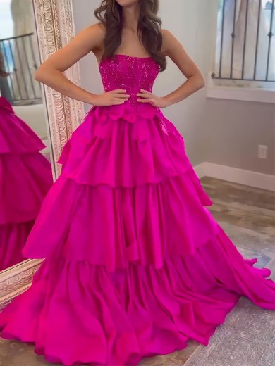 Ball Gown Strapless Satin Tiered Prom Dresses With Bow #UKM020127139