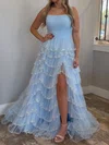 Ball Gown Strapless Tulle Tiered Prom Dresses With Appliques #UKM020127143
