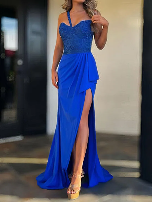 Sheath/Column Satin One Shoulder Prom Dresses With Appliques #UKM020127148