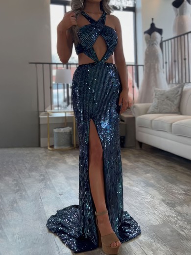 Sheath/Column Halter Cut Out Sparkly Sequin Prom Dresses #UKM020127151