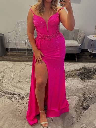 Sheath/Column V-neck Satin Beaded Prom Dresses With Appliques #UKM020127153