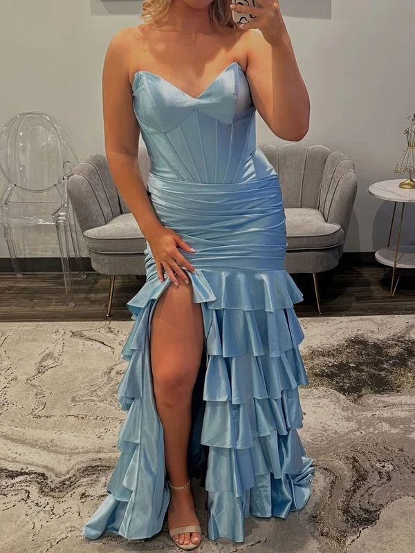 Mermaid V-neck Satin Tiered Prom Dresses With Ruched #UKM020127154
