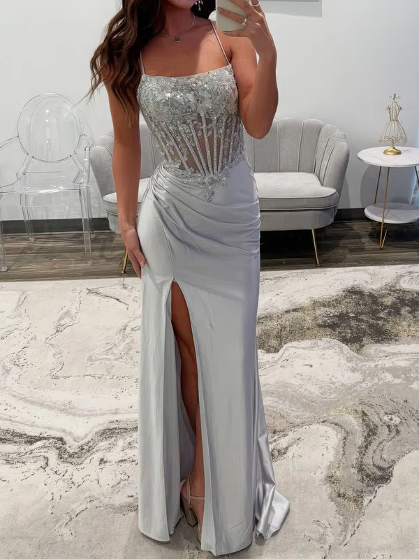 Sheath/Column Scoop Neck Satin Corset Prom Dresses With Appliques #UKM020127155
